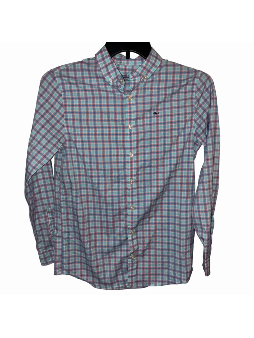 Boys Vineyard Vines Performance Button Down Shirt, Size L, Blue and Pink Plaid